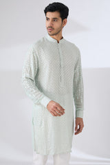 SAGE GREEN GEORGETTE UNLINED KURTA FULLY FRONT TONAL EMBROIDERED WITH BACK HALF EMBROIDERED AND PANTS