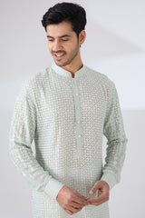 SAGE GREEN GEORGETTE UNLINED KURTA FULLY FRONT TONAL EMBROIDERED WITH BACK HALF EMBROIDERED AND PANTS