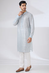 GREY GEORGETTE UNLINED KURTA FULLY FRONT SILVER EMBROIDERED WITH BACK HALF EMBROIDERED AND PANTS