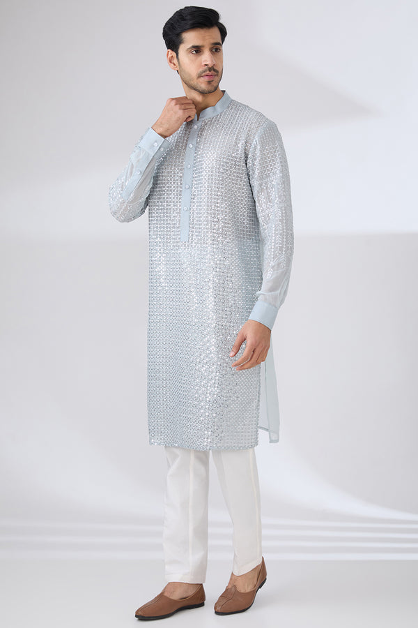 GREY GEORGETTE UNLINED KURTA FULLY FRONT SILVER EMBROIDERED WITH BACK HALF EMBROIDERED AND PANTS