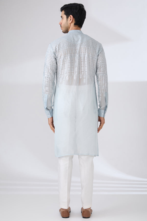 GREY GEORGETTE UNLINED KURTA FULLY FRONT SILVER EMBROIDERED WITH BACK HALF EMBROIDERED AND PANTS
