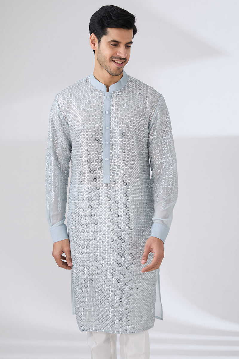 GREY GEORGETTE UNLINED KURTA FULLY FRONT SILVER EMBROIDERED WITH BACK HALF EMBROIDERED AND PANTS