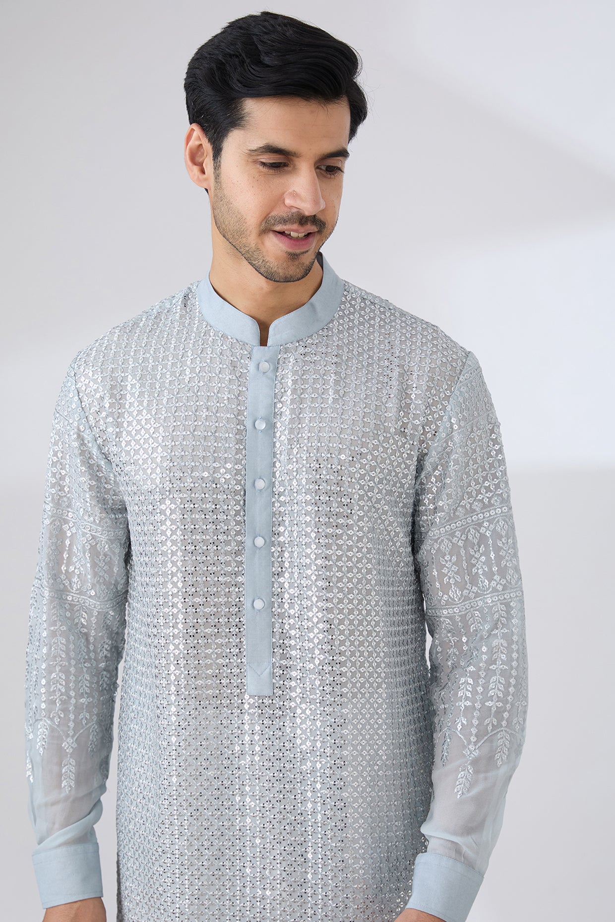 GREY GEORGETTE UNLINED KURTA FULLY FRONT SILVER EMBROIDERED WITH BACK HALF EMBROIDERED AND PANTS