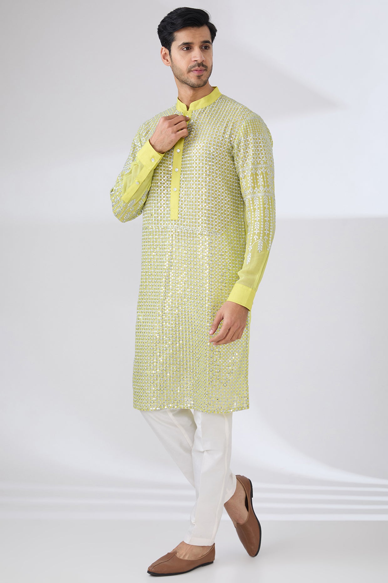 NEON YELLOW GEORGETTE UNLINED KURTA FULLY FRONT SILVER EMBROIDERED WITH BACK HALF EMBROIDERED AND PANTS