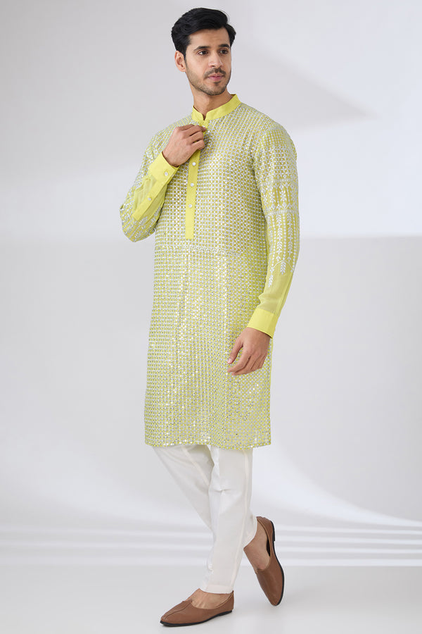 NEON YELLOW GEORGETTE UNLINED KURTA FULLY FRONT SILVER EMBROIDERED WITH BACK HALF EMBROIDERED AND PANTS