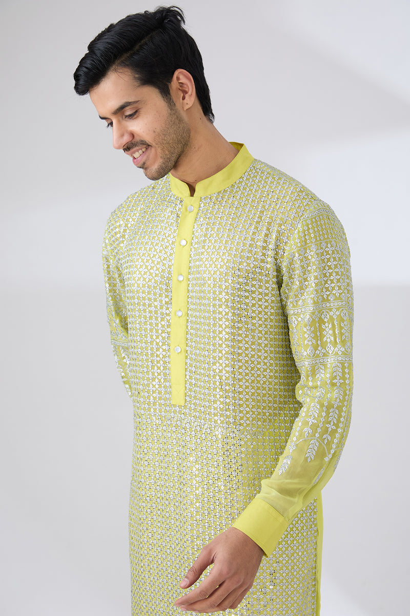 NEON YELLOW GEORGETTE UNLINED KURTA FULLY FRONT SILVER EMBROIDERED WITH BACK HALF EMBROIDERED AND PANTS