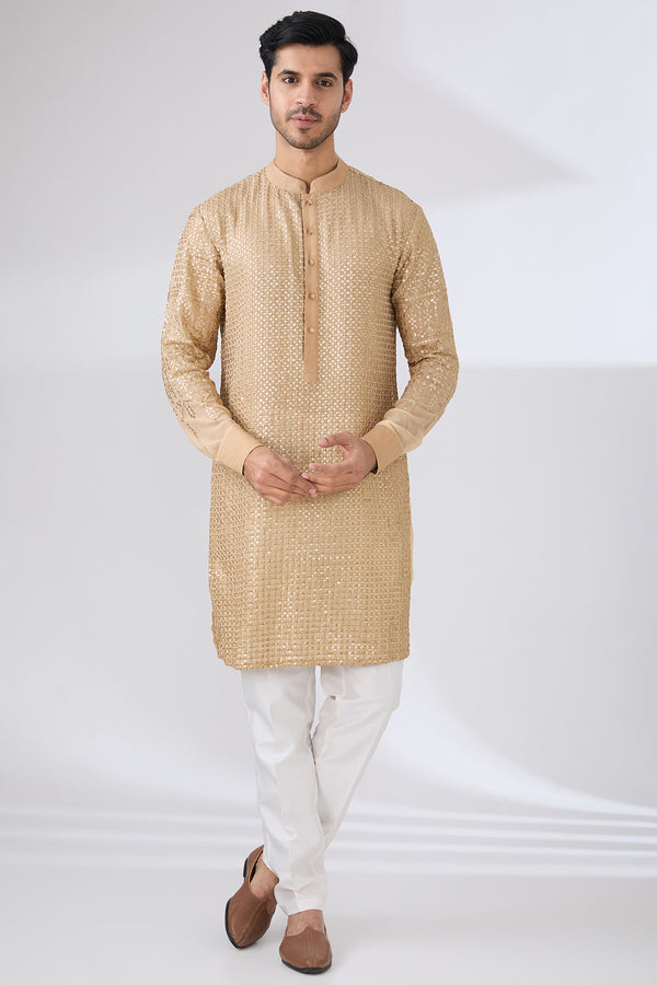 GOLD GEORGETTE UNLINED KURTA FULLY FRONT GOLD EMBROIDERED WITH BACK HALF EMBROIDERED AND PANTS