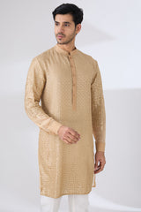 GOLD GEORGETTE UNLINED KURTA FULLY FRONT GOLD EMBROIDERED WITH BACK HALF EMBROIDERED AND PANTS