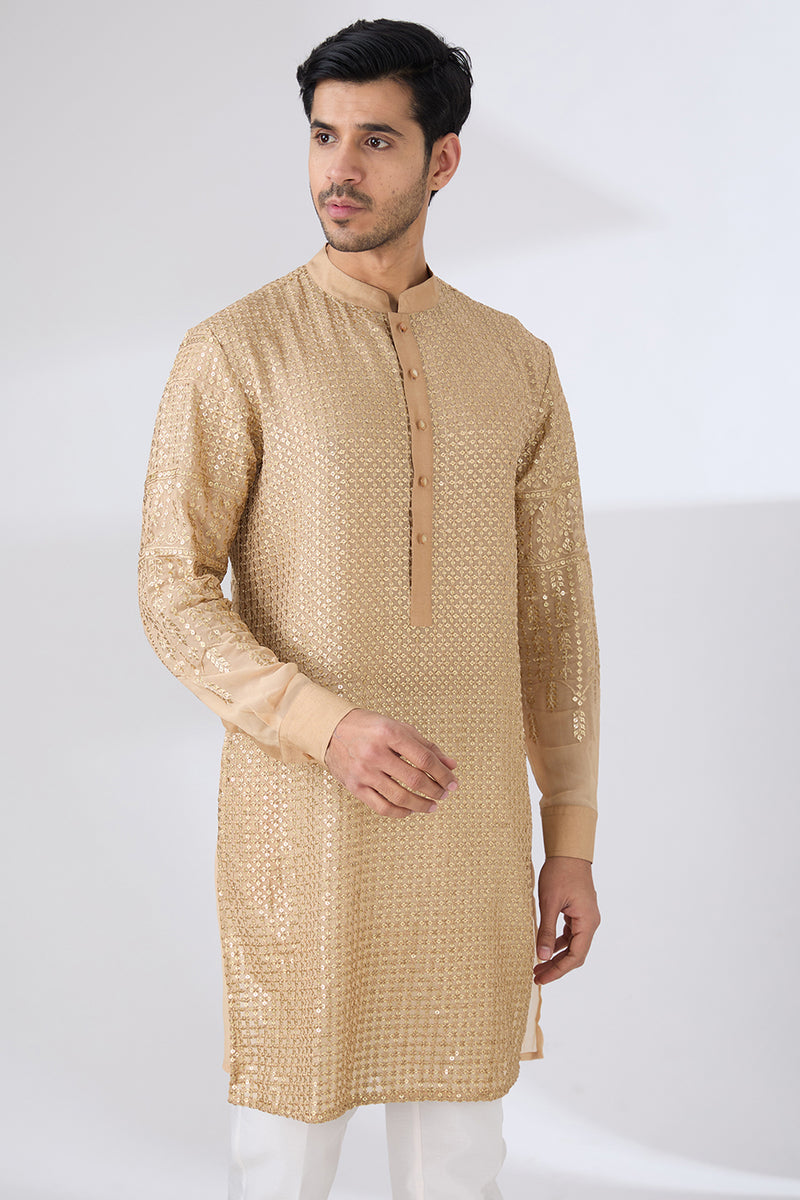 GOLD GEORGETTE UNLINED KURTA FULLY FRONT GOLD EMBROIDERED WITH BACK HALF EMBROIDERED AND PANTS