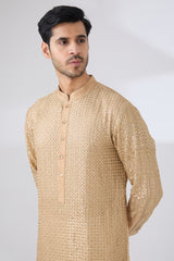 GOLD GEORGETTE UNLINED KURTA FULLY FRONT GOLD EMBROIDERED WITH BACK HALF EMBROIDERED AND PANTS