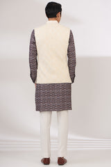 IVORY LEAF DESIGN THREAD WORK BUNDI AND SEQUINS COLLAR WITH BLACK PRINT KURTA AND PANTS