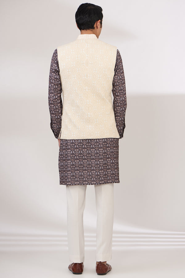 IVORY LEAF DESIGN THREAD WORK BUNDI AND SEQUINS COLLAR WITH BLACK PRINT KURTA AND PANTS