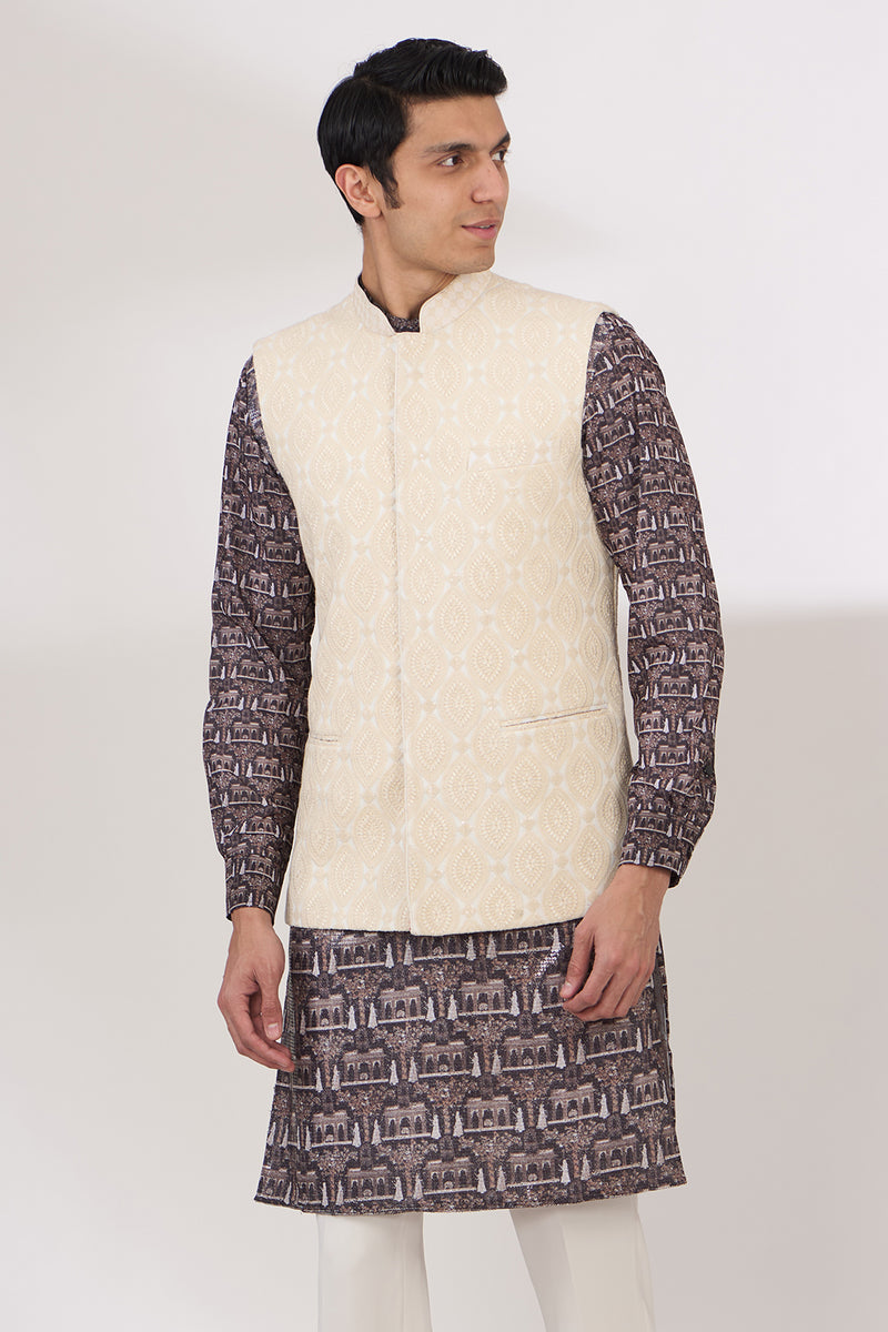 IVORY LEAF DESIGN THREAD WORK BUNDI AND SEQUINS COLLAR WITH BLACK PRINT KURTA AND PANTS