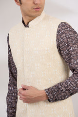 IVORY LEAF DESIGN THREAD WORK BUNDI AND SEQUINS COLLAR WITH BLACK PRINT KURTA AND PANTS