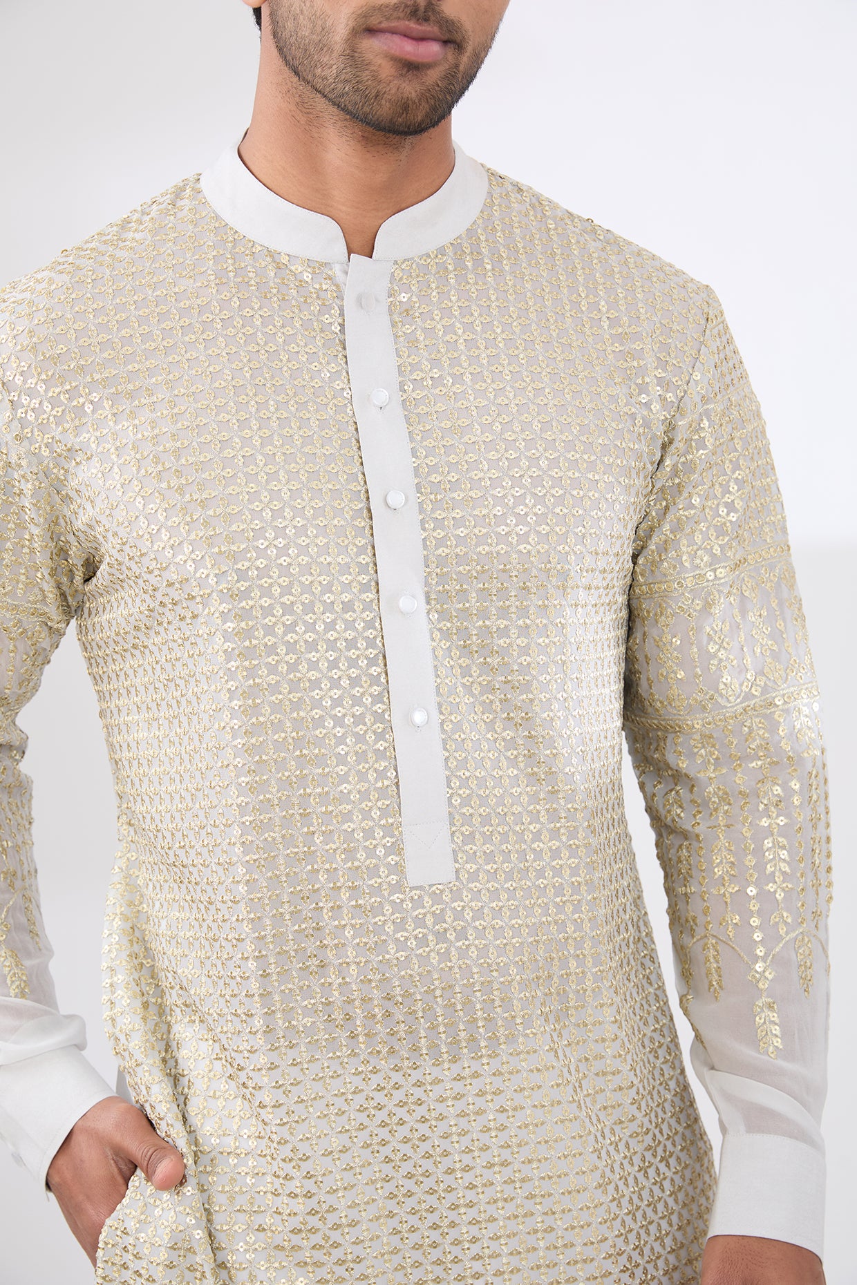 PALE BLUE GEORGETTE UNLINED KURTA FULLY FRONT GOLDEN EMBROIDERED WITH PANTS