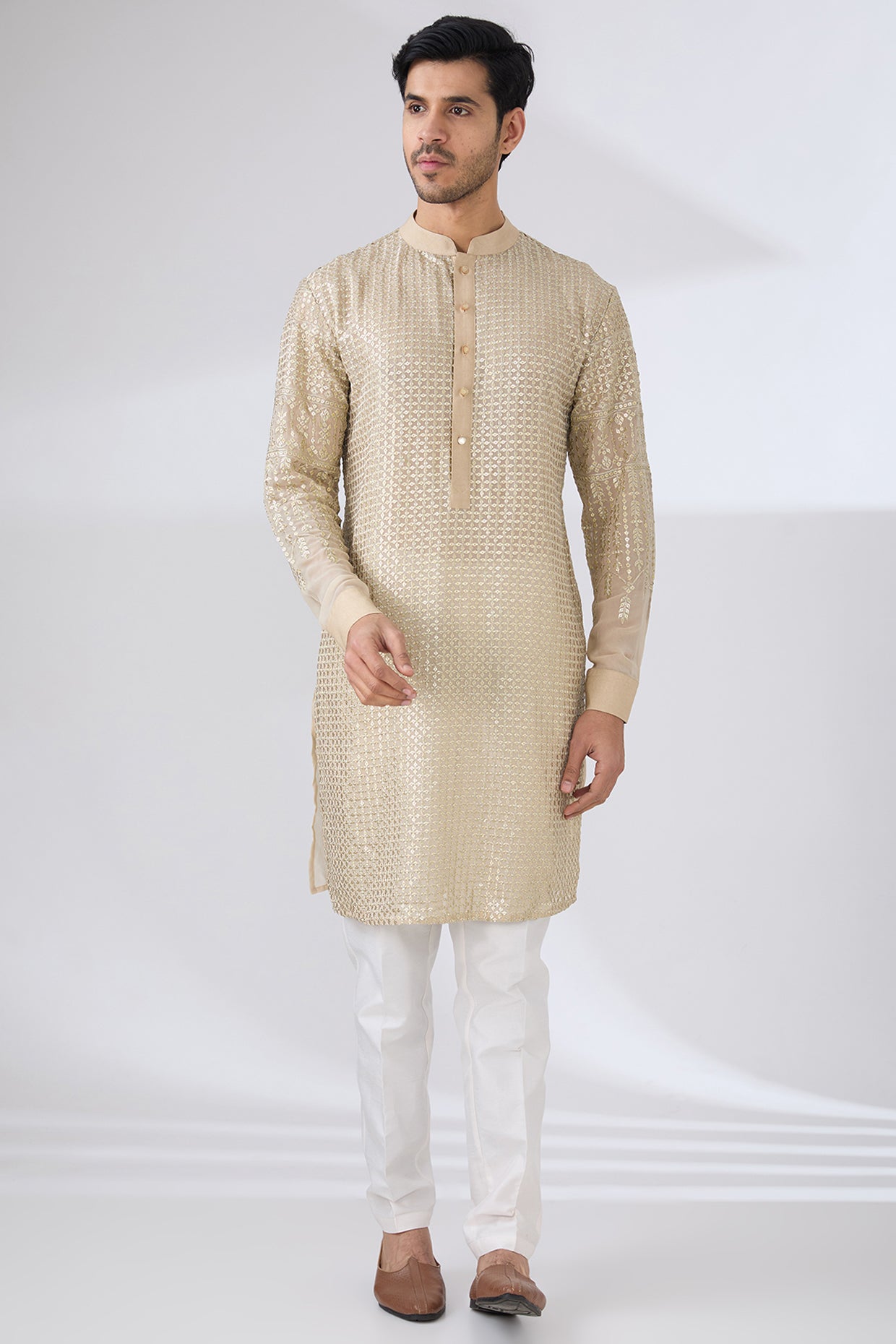 BEIGE GEORGETTE UNLINED KURTA FULLY FRONT GOLD EMBROIDERED WITH PANTS