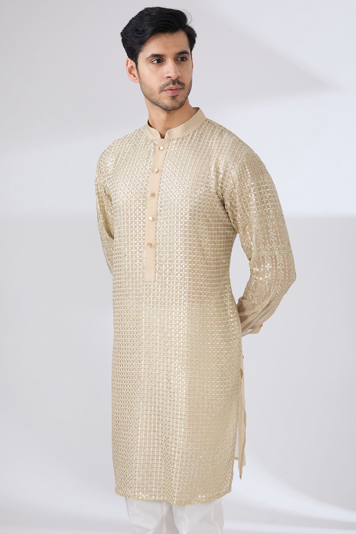 BEIGE GEORGETTE UNLINED KURTA FULLY FRONT GOLD EMBROIDERED WITH PANTS