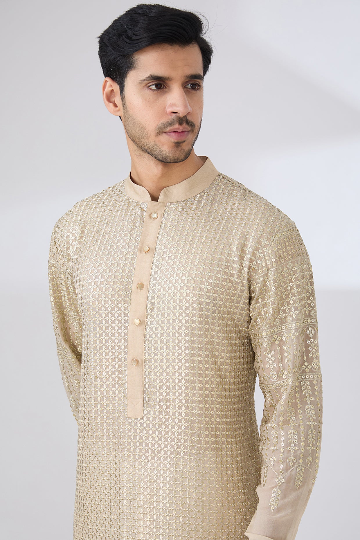 BEIGE GEORGETTE UNLINED KURTA FULLY FRONT GOLD EMBROIDERED WITH PANTS