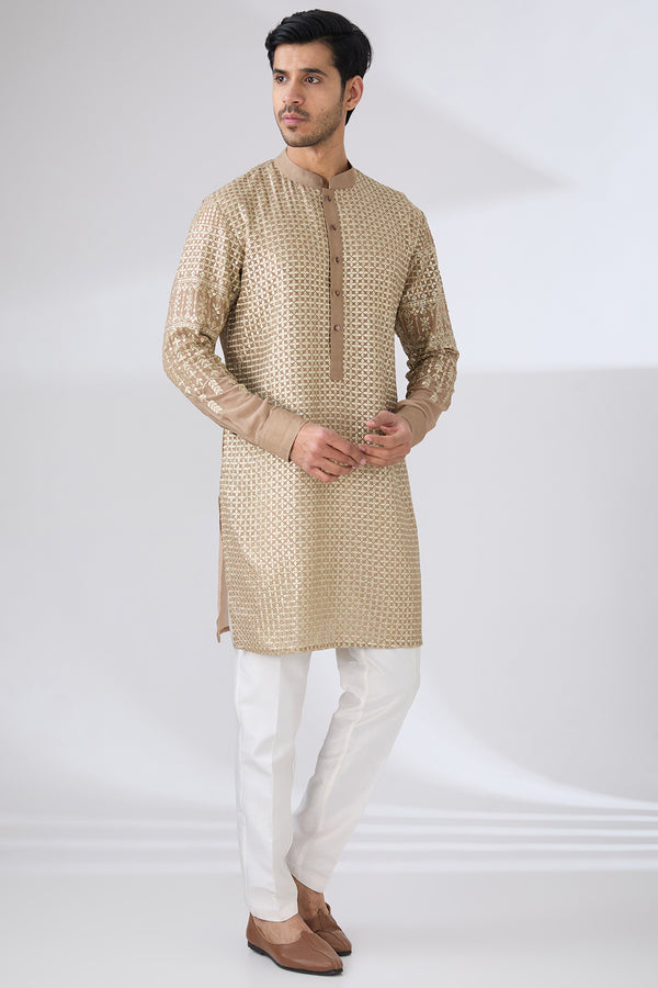 GOLD GEORGETTE UNLINED KURTA FULLY FRONT GOLD EMBROIDERED AND PANTS