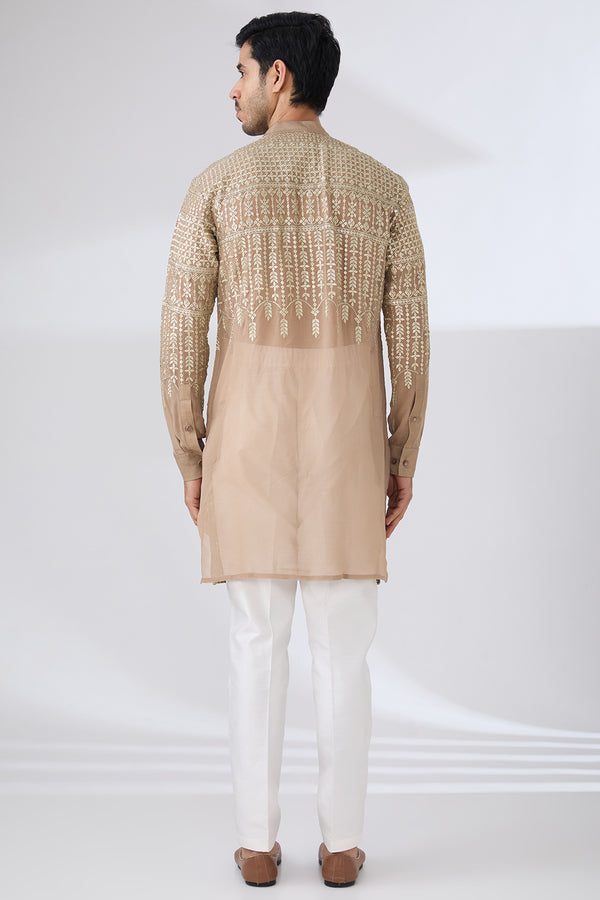GOLD GEORGETTE UNLINED KURTA FULLY FRONT GOLD EMBROIDERED AND PANTS