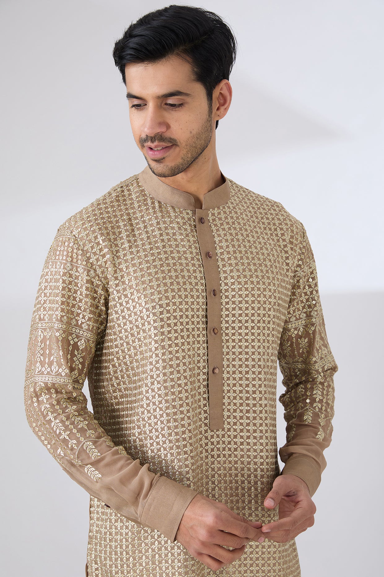GOLD GEORGETTE UNLINED KURTA FULLY FRONT GOLD EMBROIDERED AND PANTS