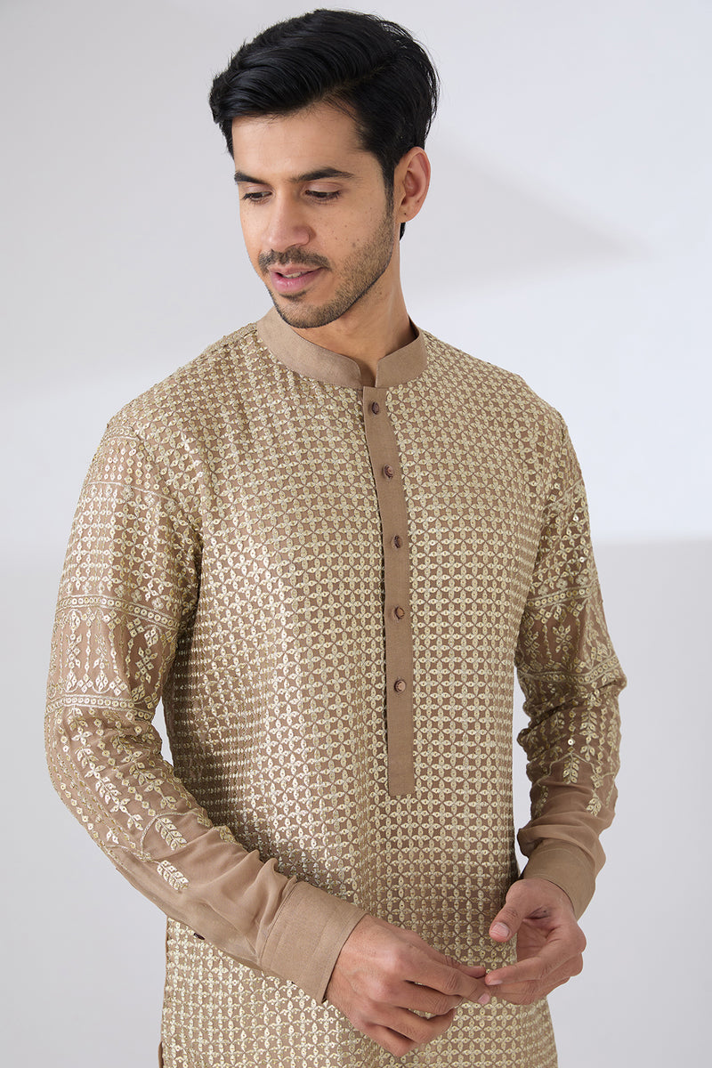 GOLD GEORGETTE UNLINED KURTA FULLY FRONT GOLD EMBROIDERED AND PANTS