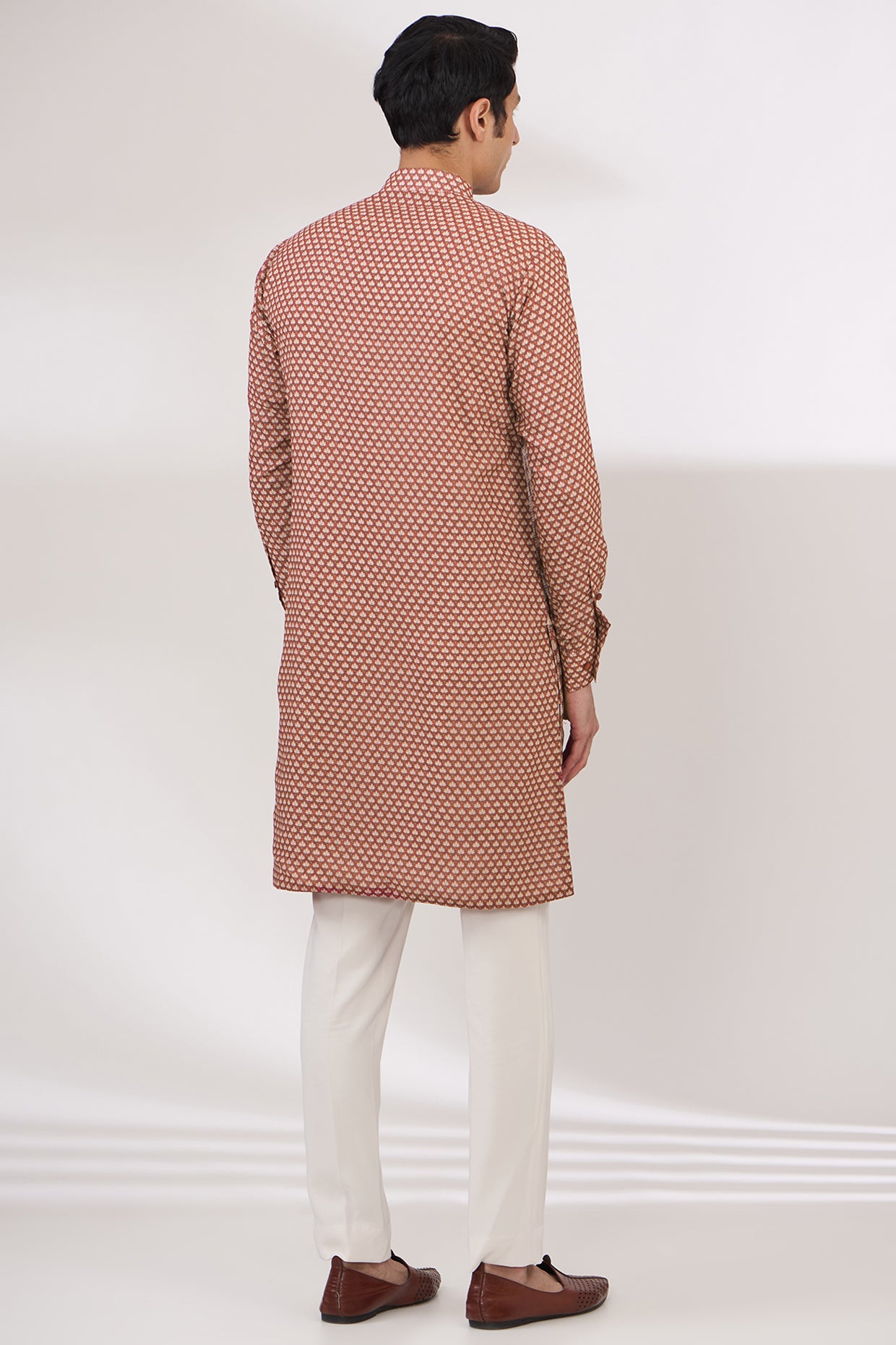 RED SHEETING AND GEORGETTE WITH CREPE LINING KURTA AND COTTON SILK PANTS