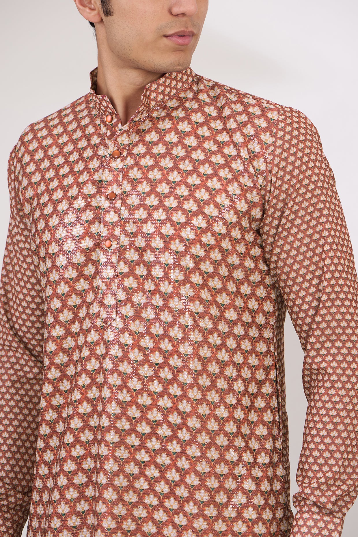 RED SHEETING AND GEORGETTE WITH CREPE LINING KURTA AND COTTON SILK PANTS