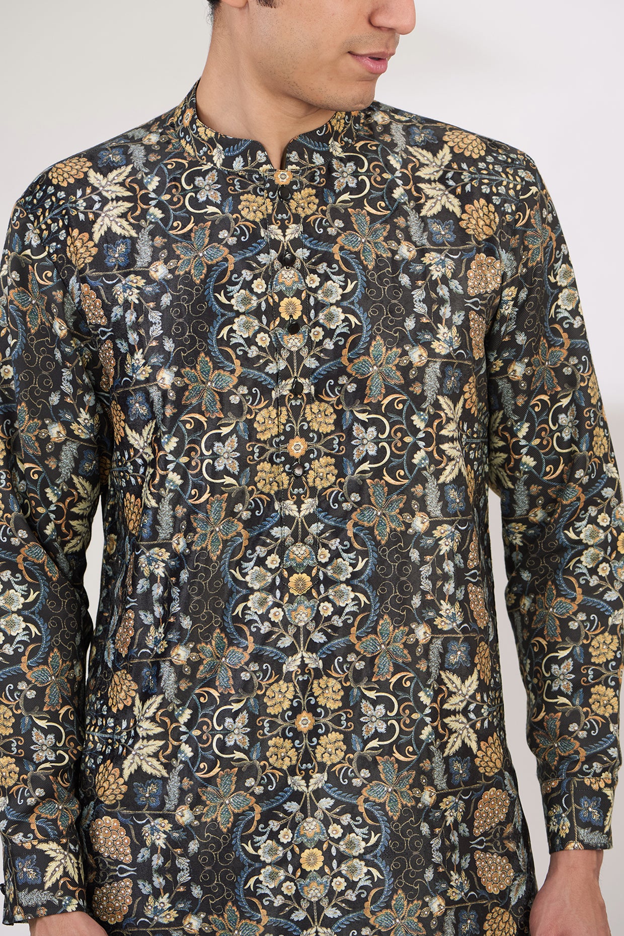 BLACK PRINT VELVET AND PASHMINA WITH CREPE LINING KURTA AND COTTON SILK PANTS