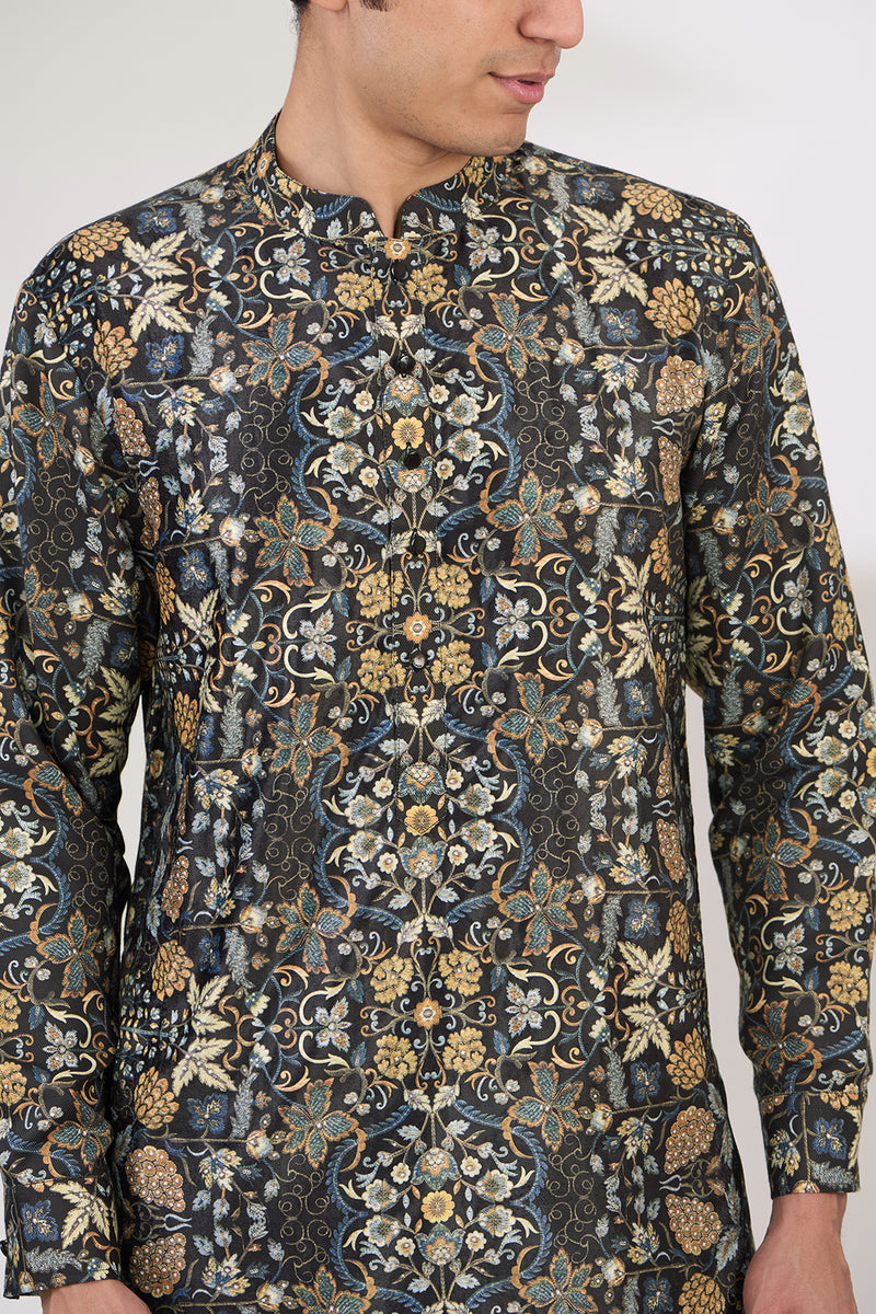 BLACK PRINT VELVET AND PASHMINA WITH CREPE LINING KURTA AND COTTON SILK PANTS