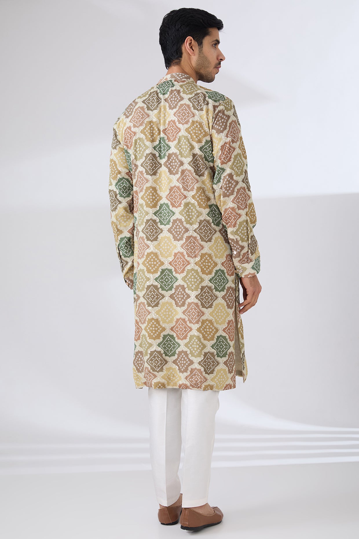 MULTI GREEN BANDHANI WITH TONAL SEQUINS UNLINED KURTA AND COTTON SILK PANTS