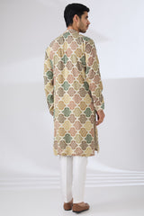 MULTI GREEN BANDHANI WITH TONAL SEQUINS UNLINED KURTA AND COTTON SILK PANTS