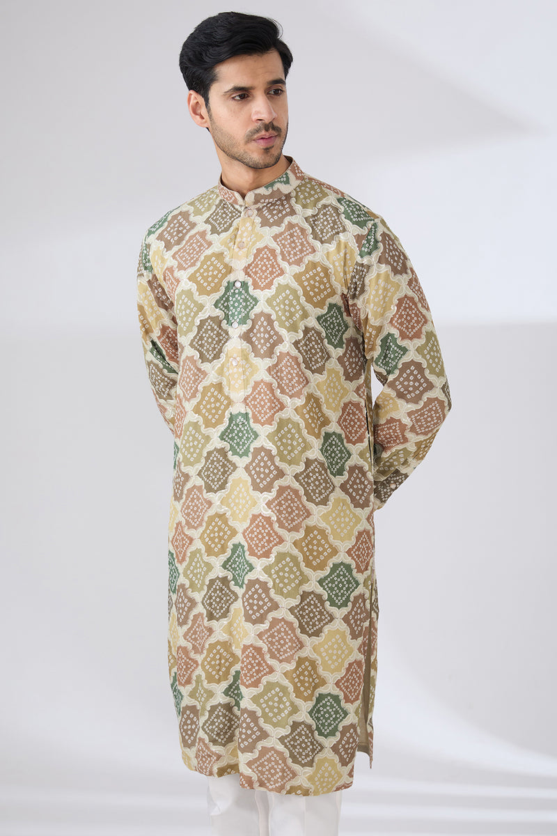 MULTI GREEN BANDHANI WITH TONAL SEQUINS UNLINED KURTA AND COTTON SILK PANTS