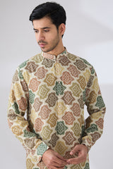 MULTI GREEN BANDHANI WITH TONAL SEQUINS UNLINED KURTA AND COTTON SILK PANTS