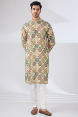 MULTI GREEN BANDHANI WITH TONAL SEQUINS UNLINED KURTA AND COTTON SILK PANTS