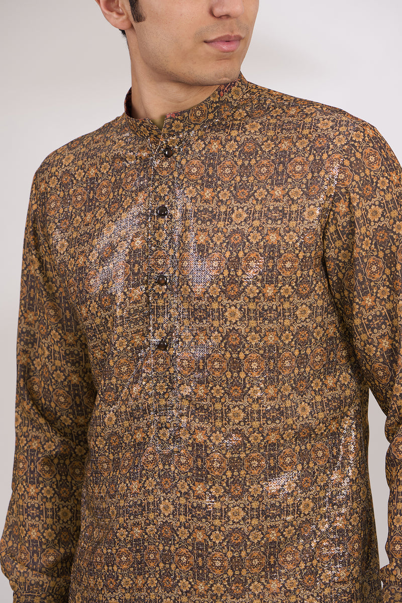 BLACK SHEETING AND GEORGETTE WITH CREPE LINING KURTA AND COTTON SILK PANTS