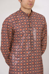 BLACK WITH ORANGE PRINT SHEETING/GORGETTE WITH CREPE LINING KURTA WITH COTTON SILK PANTS