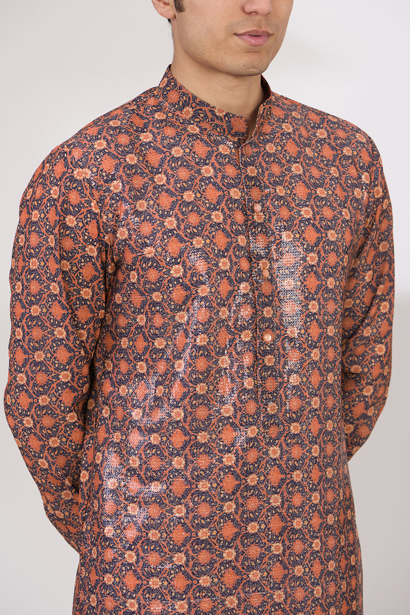 BLACK WITH ORANGE PRINT SHEETING/GORGETTE WITH CREPE LINING KURTA WITH COTTON SILK PANTS
