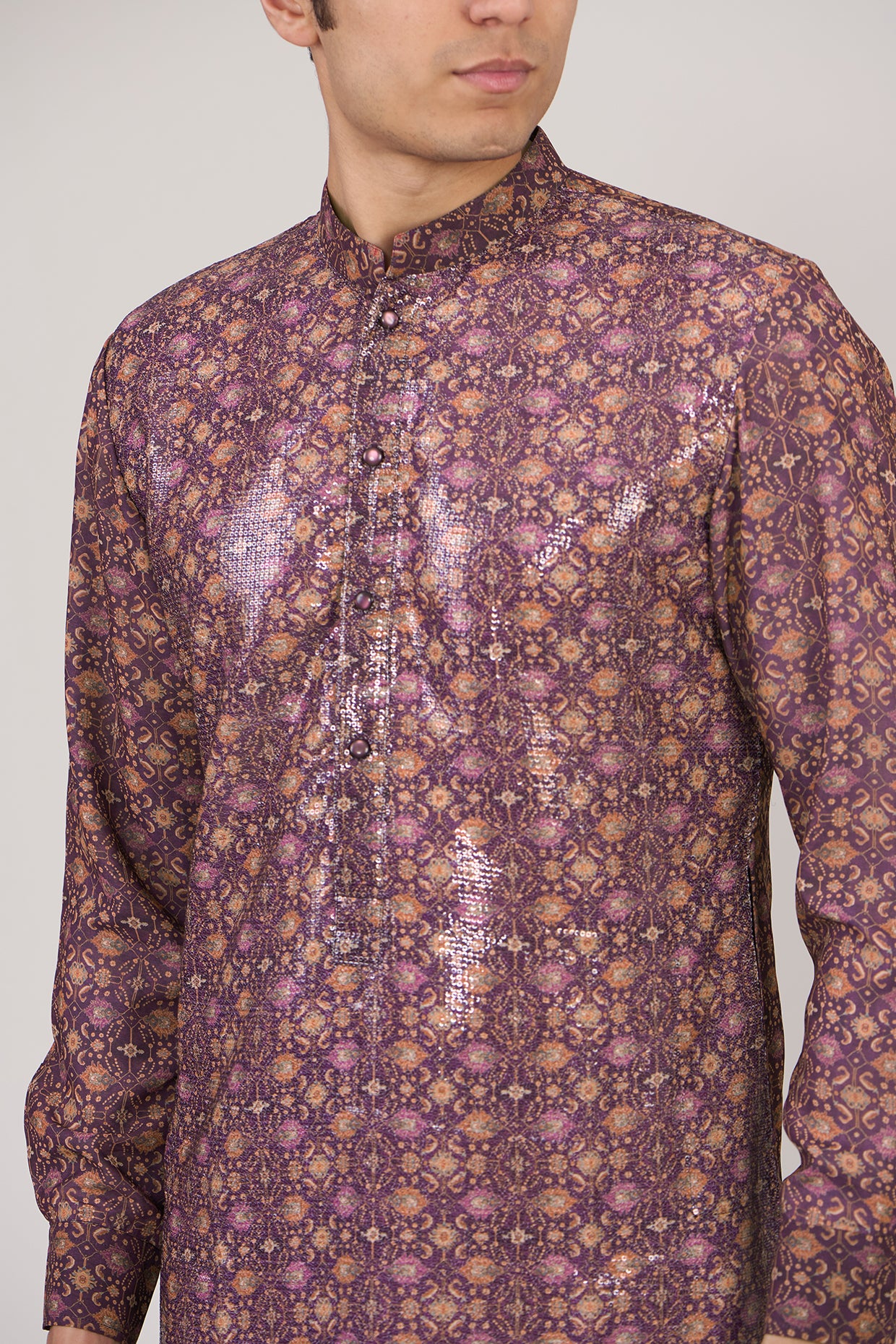 AUBERGINE SHEETING AND GEORGETTE WITH CREPE LINING KURTA AND COTTON SILK PANTS