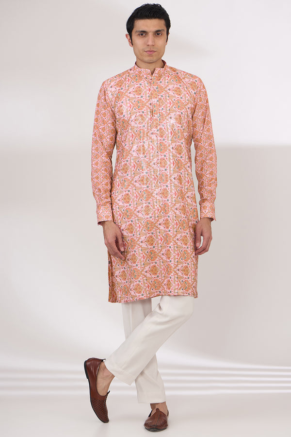 PINK SHEETING AND GEORGETTE WITH CREPE LINING KURTA AND COTTON SILK PANTS