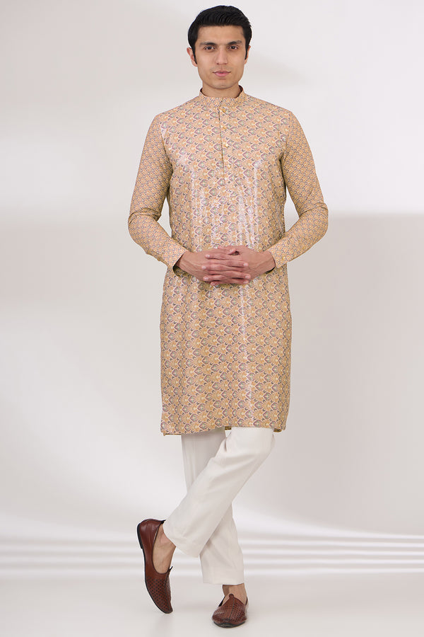 YELLOW/BROWN SHEETING AND GEORGETTE WITH CREPE LINING KURTA AND COTTON SILK PANTS