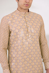 YELLOW/BROWN SHEETING AND GEORGETTE WITH CREPE LINING KURTA AND COTTON SILK PANTS