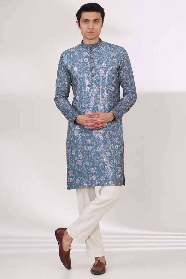 TEAL BLUE SHEETING AND GEORGETTE WITH CREPE LINING KURTA AND COTTON SILK PANTS