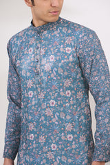 TEAL BLUE SHEETING AND GEORGETTE WITH CREPE LINING KURTA AND COTTON SILK PANTS