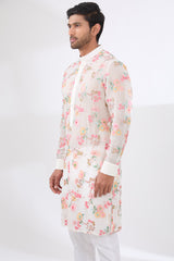 OFFWHITE  FULLY THREAD AND SEQUINS WORK UNLINED KURTA WITH COTTON SILK PANTS