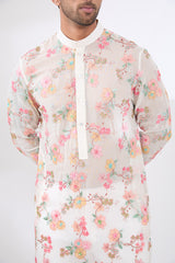 OFFWHITE  FULLY THREAD AND SEQUINS WORK UNLINED KURTA WITH COTTON SILK PANTS