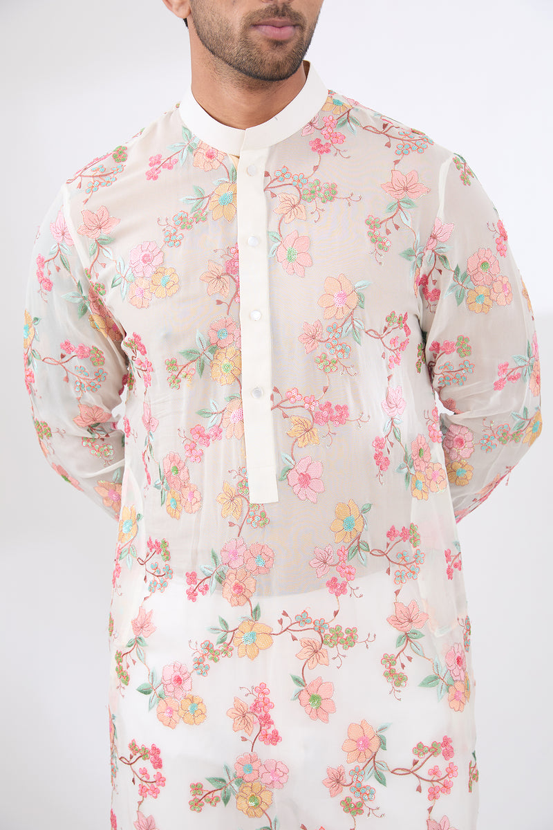OFFWHITE  FULLY THREAD AND SEQUINS WORK UNLINED KURTA WITH COTTON SILK PANTS
