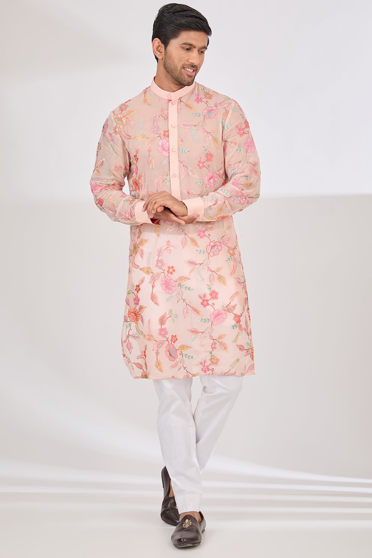 BLUSH PINK FULLY THREAD AND SEQUINS WORK UNLINED KURTA WITH COTTON SILK PANTS