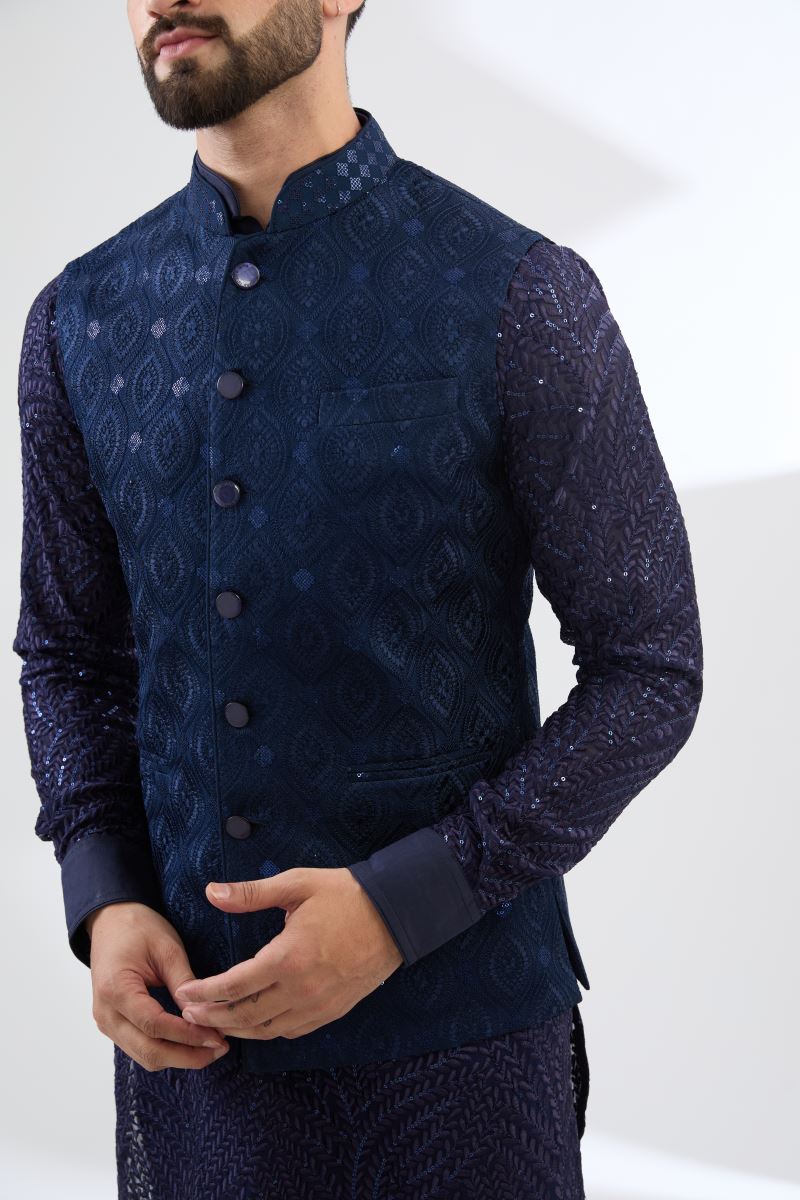 BLUE GEORGETTE FULLY EMBROIDERED BUNDI SET