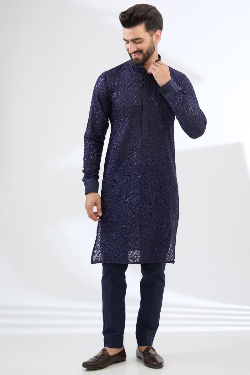 BLUE FULLY THREAD WORK AND SEQUINS KURTA WITH PANTS